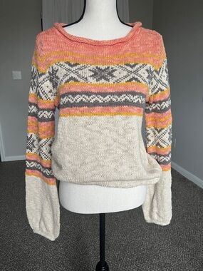 Rip Curl Fair Isle Knit Sweater Pink Orange Cream Charcoal Y2K Surf Boho M